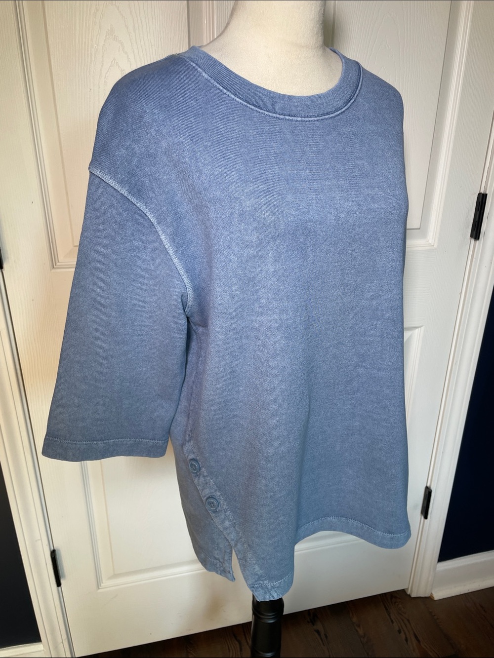 Poetry Blue Hemp Cotton Wash Oversized Side Button Tee Shirt Slit Top Boxy Sz 8